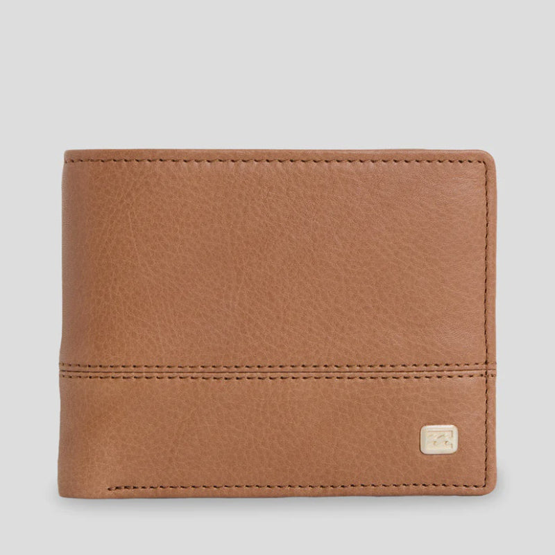 Brown leather wallet on a light gray background