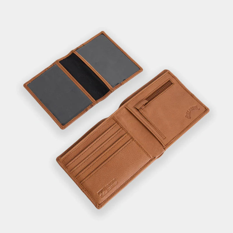 Brown leather wallet with card slots on a light gray background