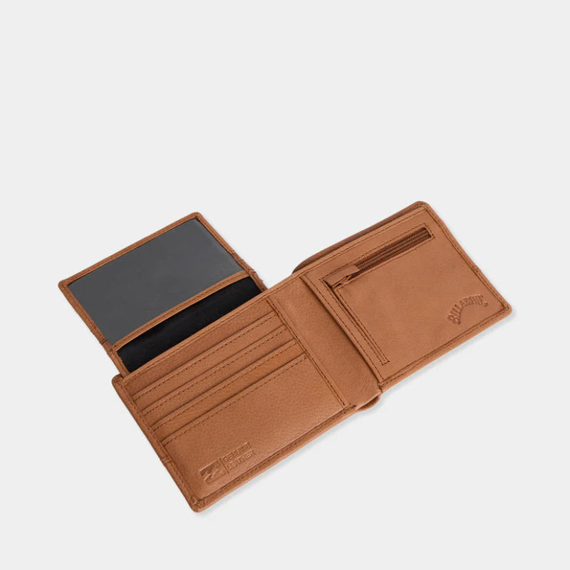 Brown leather wallet with a visible brand logo on a white background