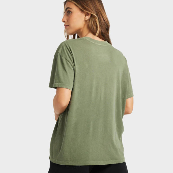 Person wearing a green t-shirt and black shorts on a white background
