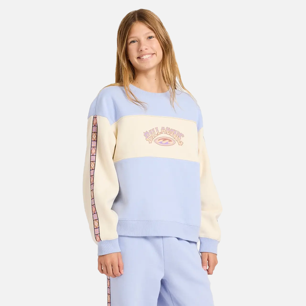 Person wearing a colorful sweatshirt with a visible brand logo on a white background