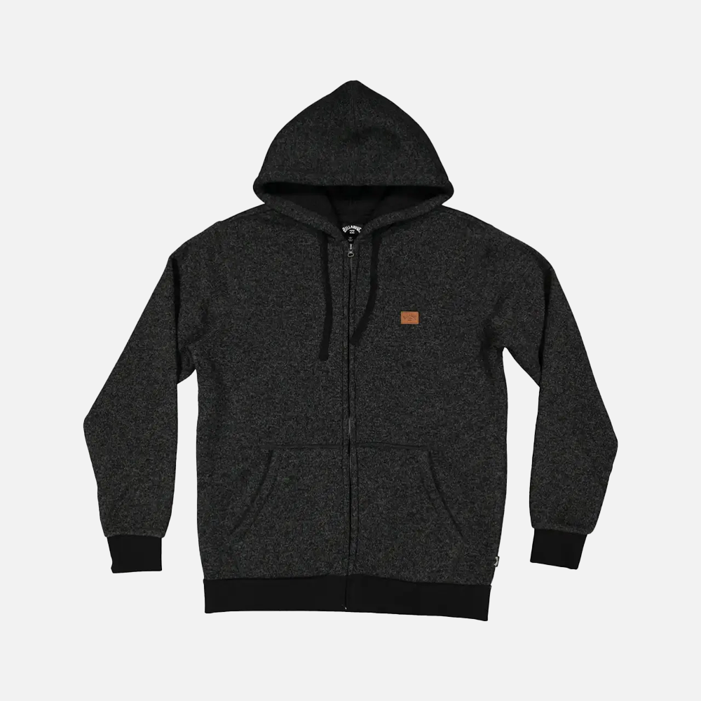 Dark gray hoodie with a small brown logo on a light gray background
