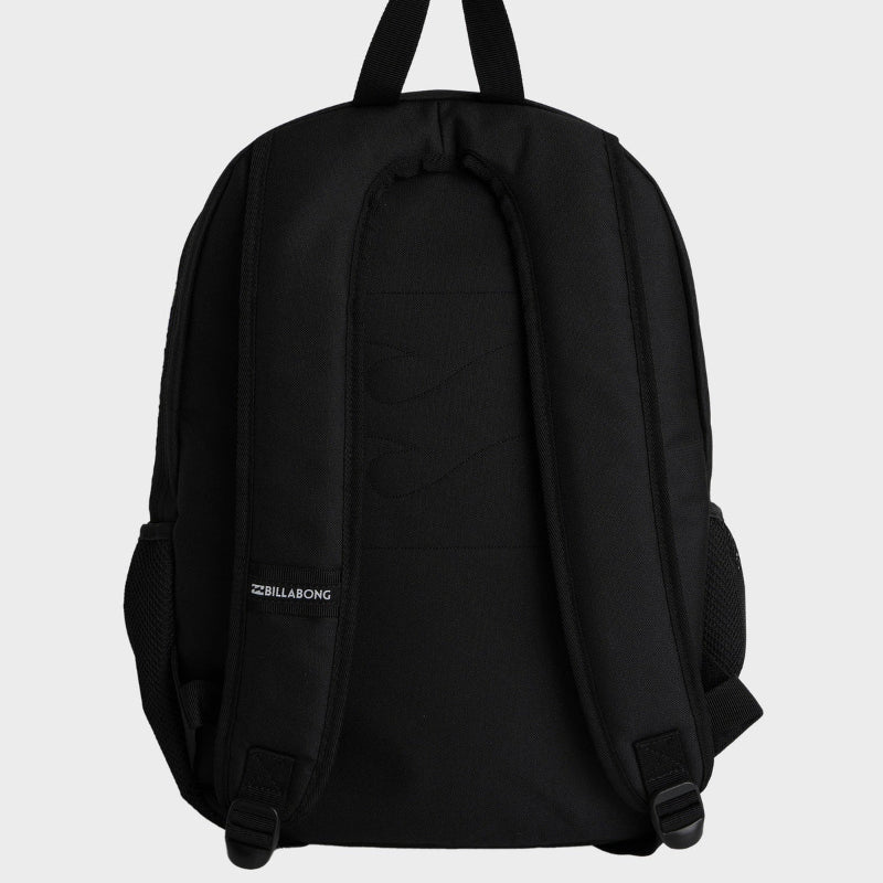 Black backpack with a visible brand logo on a light gray background