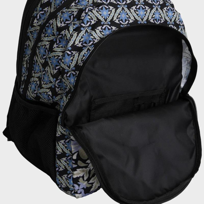 Backpack with blue and black pattern on a white background