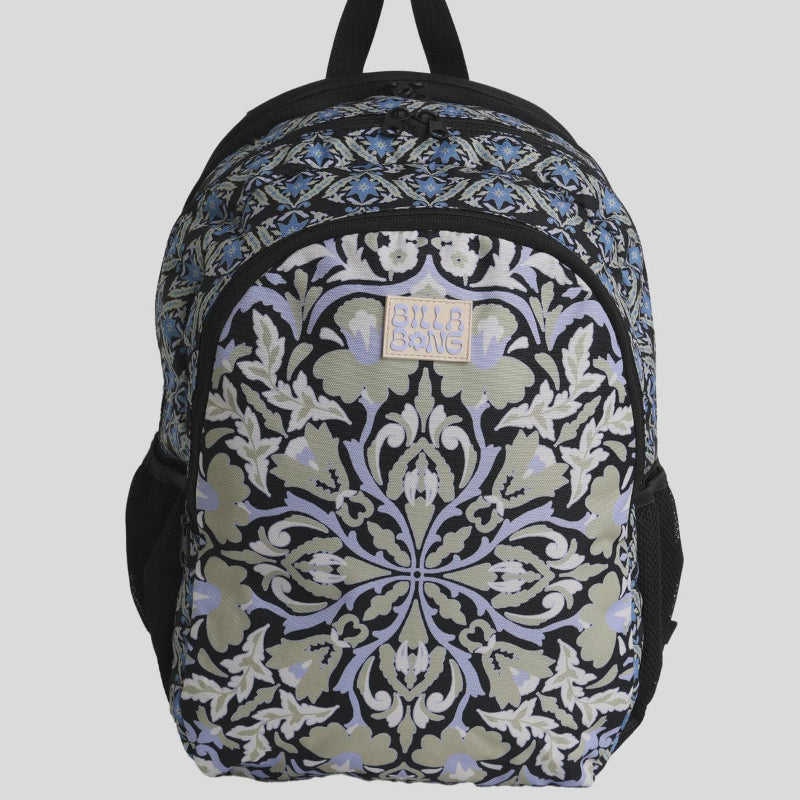 Backpack with floral pattern on a light gray background