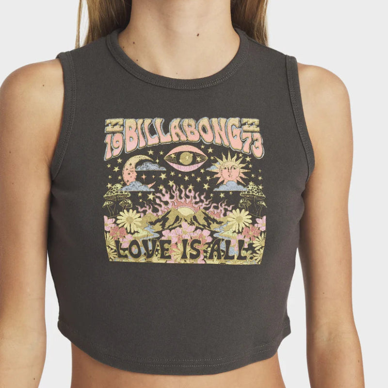 Black tank top with colorful graphic design and 'Billabong' branding on a white background