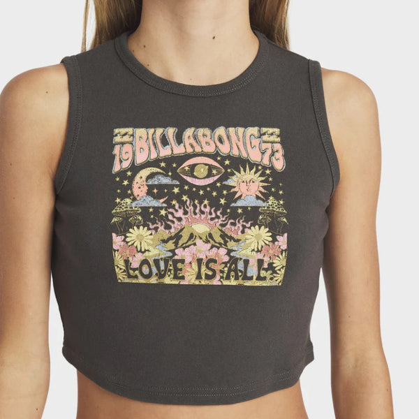 Black tank top with colorful graphic design and 'Billabong' branding on a white background