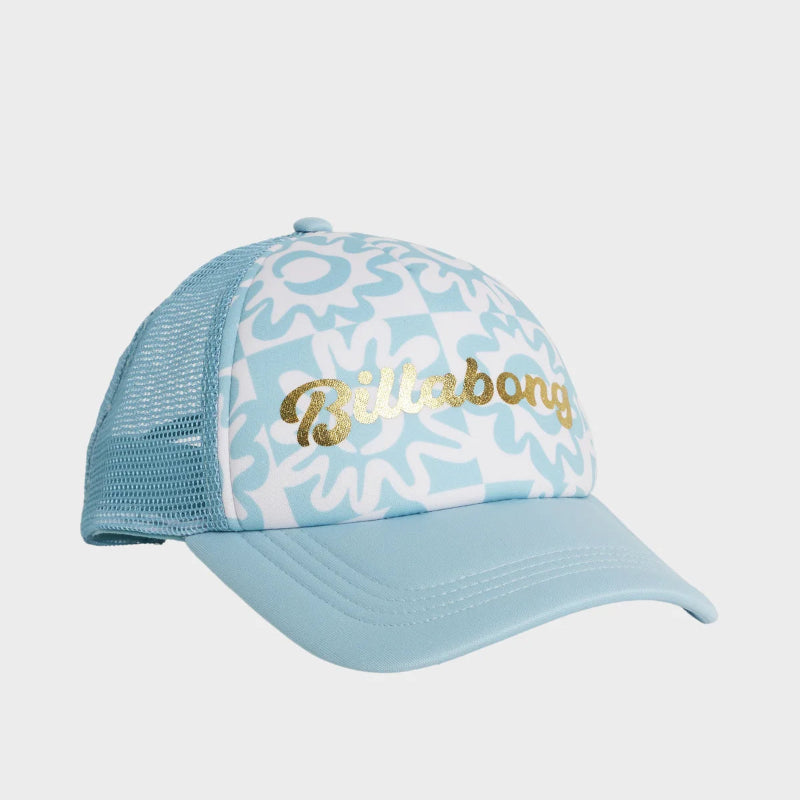 Light blue cap with white pattern and gold 'Billabong' logo on a light gray background