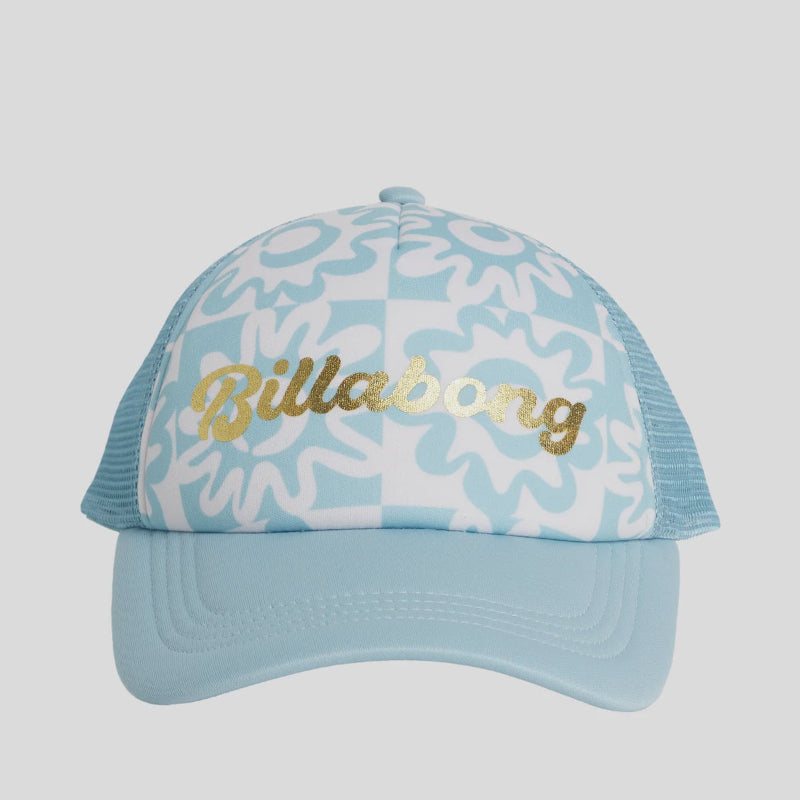 Light blue cap with white pattern and gold 'Billabong' text on a light gray background