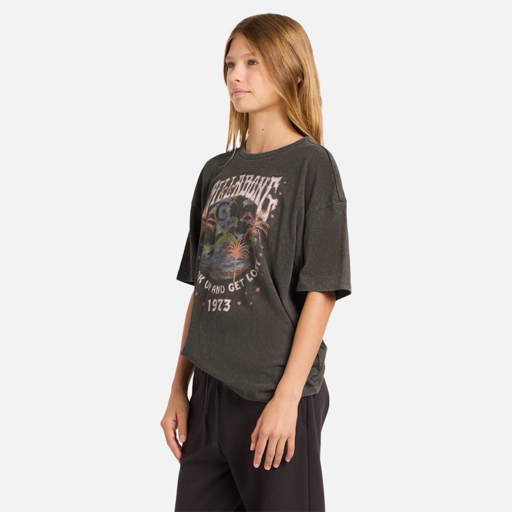 Person wearing a dark gray t-shirt with graphic design on a white background
