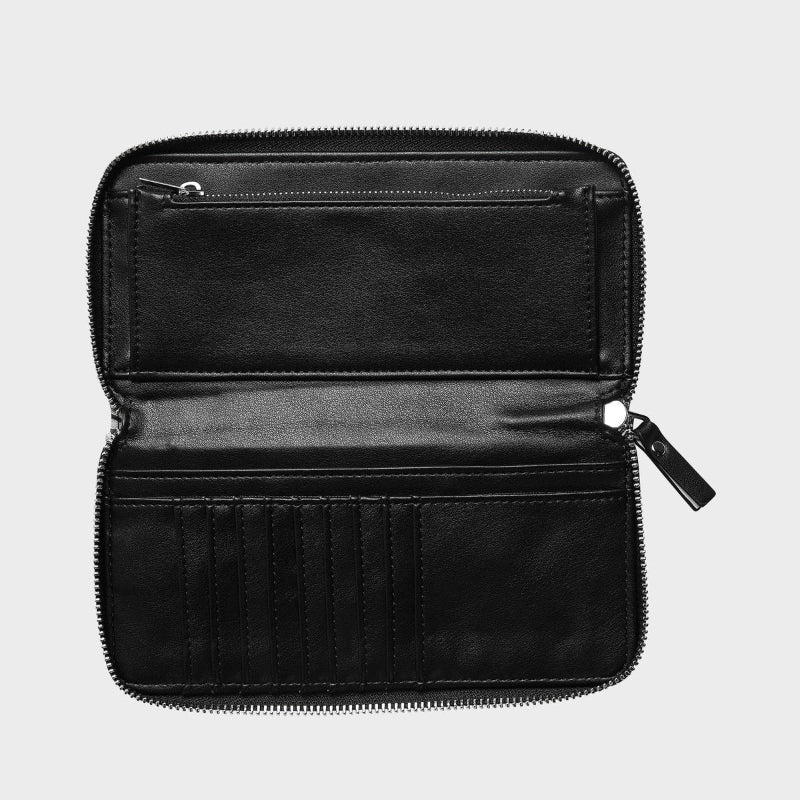 Black leather wallet with open design on a light gray background