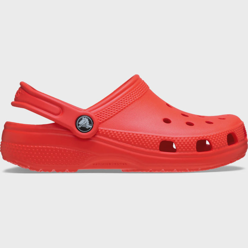 Red clog shoe on a light gray background