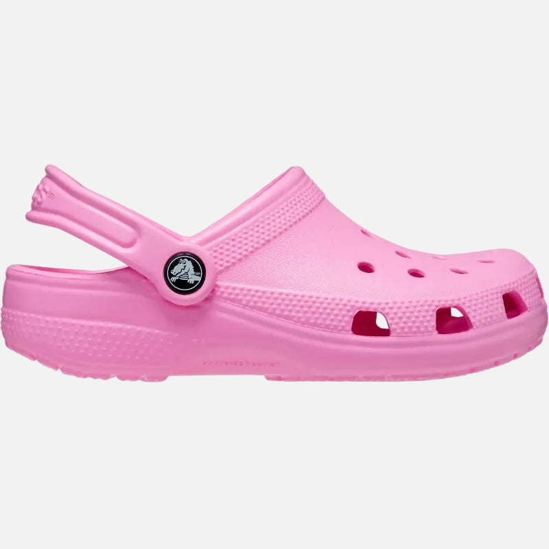 Pink clog shoe with a brand logo on a white background