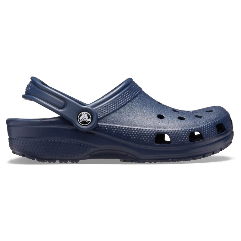 Navy blue clog shoe on a white background