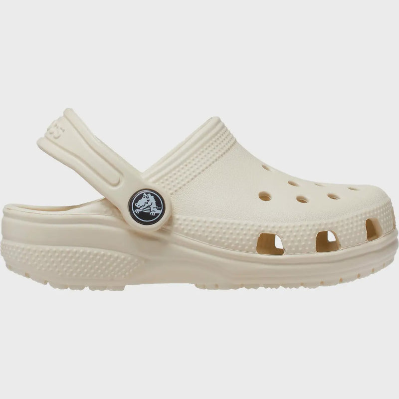 Beige clog sandal with a brand logo on a light gray background