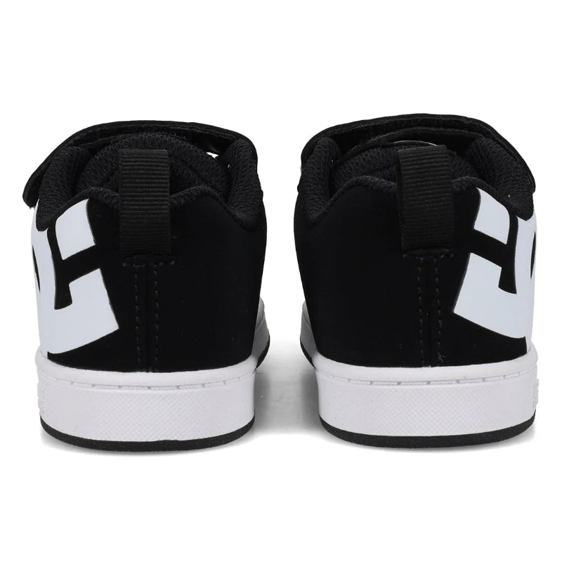 Black and white low-top sneakers shown from the back, featuring a large white stylized 'H' logo on the heel counter and a white midsole.