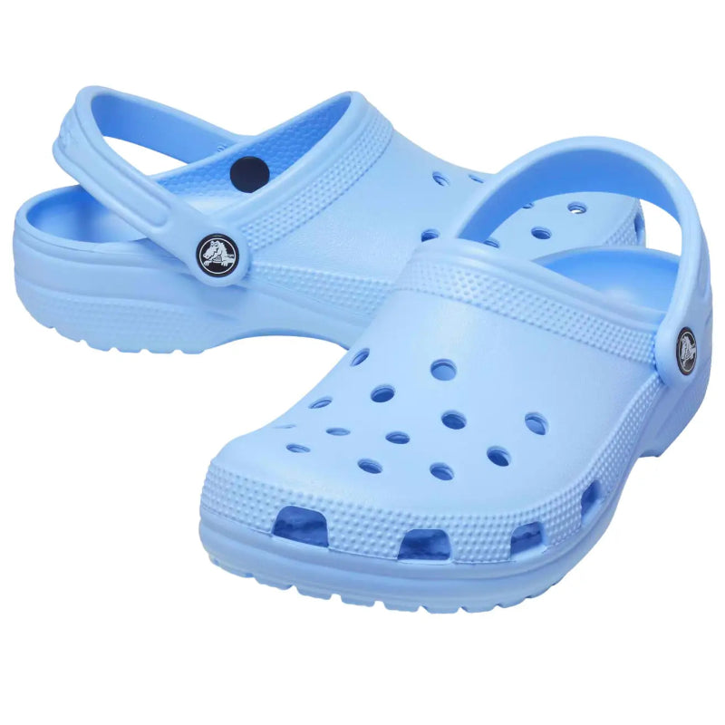 Light blue clogs with a white background