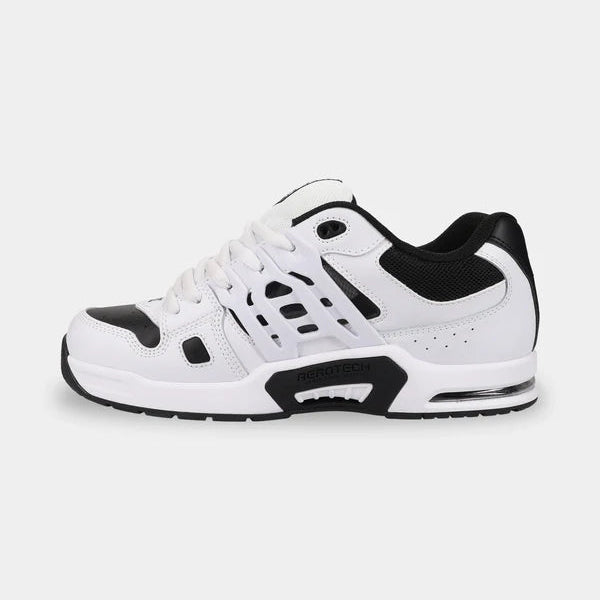 White and black sneaker on a light gray background