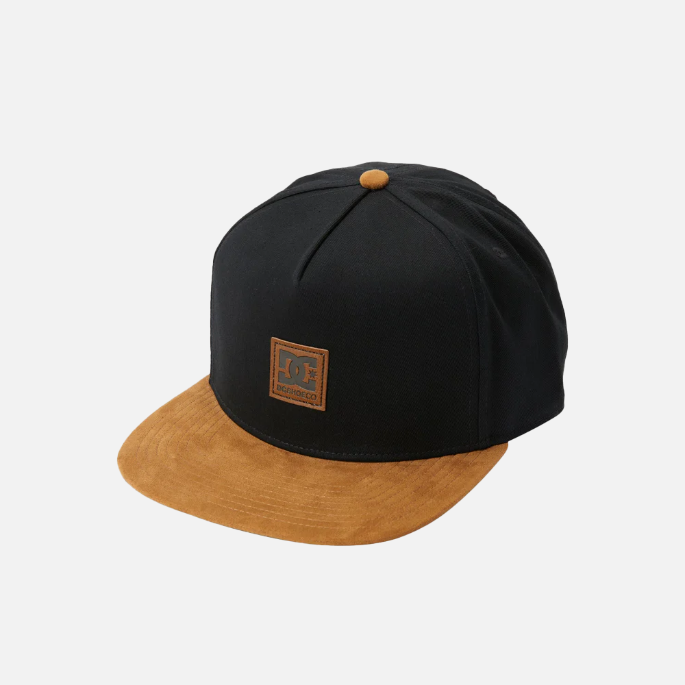 Black and brown cap with a logo on a light gray background
