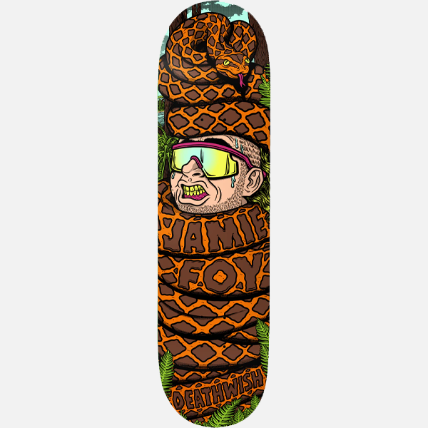 Skateboard deck with a graphic design of a snake and a person's face, featuring the brand 'Deathwish'.