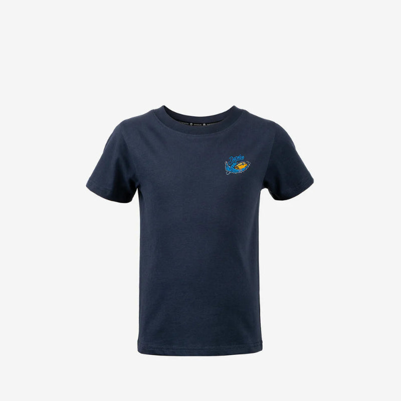 Navy blue t-shirt with a small logo on the chest against a white background