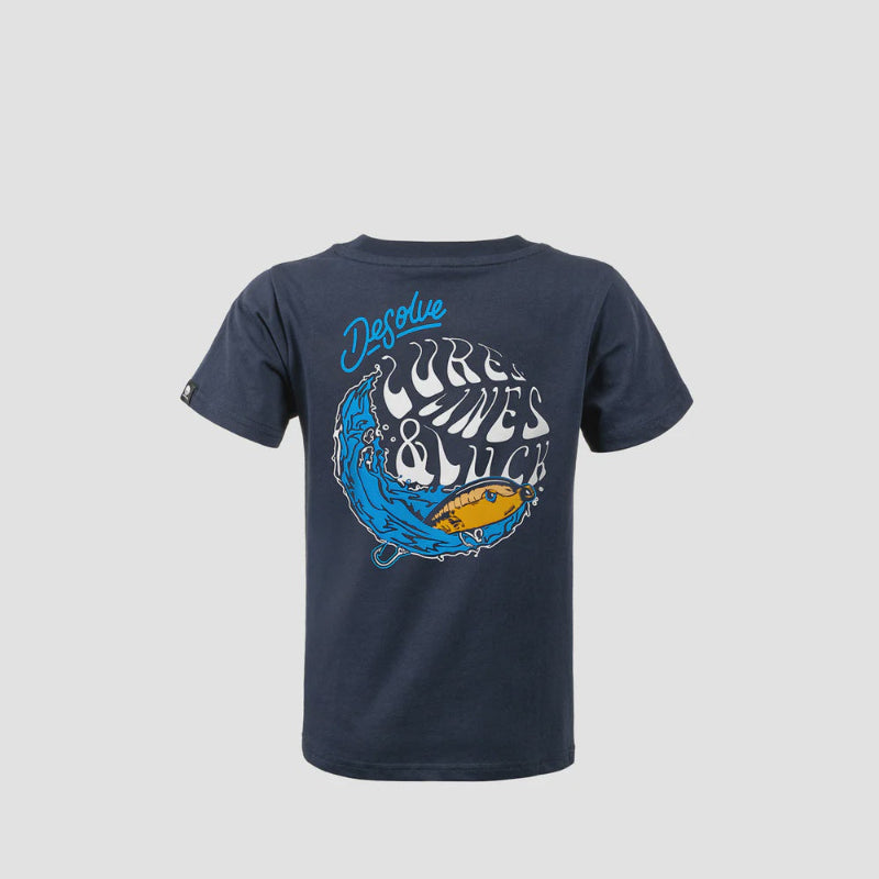 Navy blue t-shirt with graphic design and text on a light gray background