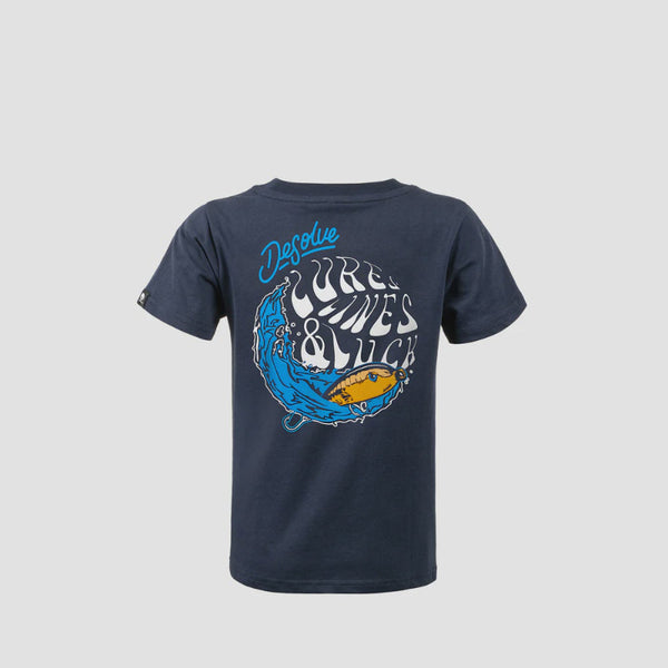 Navy blue t-shirt with graphic design and text on a light gray background