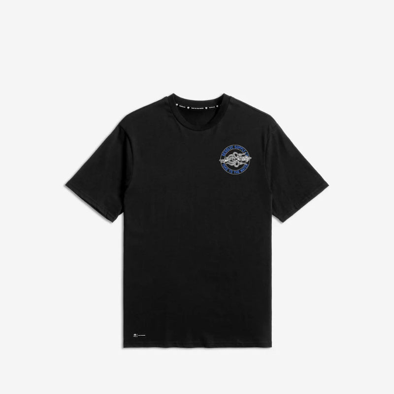 Black t-shirt with a logo on the chest against a white background