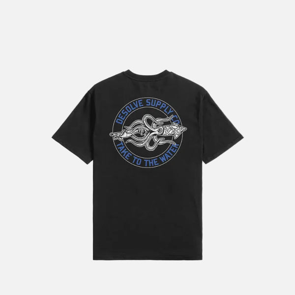 Black t-shirt with a graphic design on the back against a light gray background