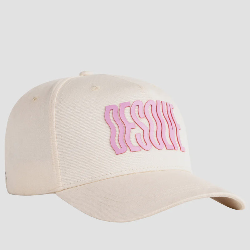Beige cap with pink text on a light gray background
