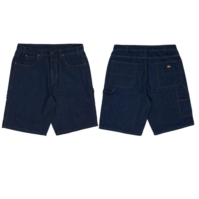 Pair of dark blue denim shorts on a white background