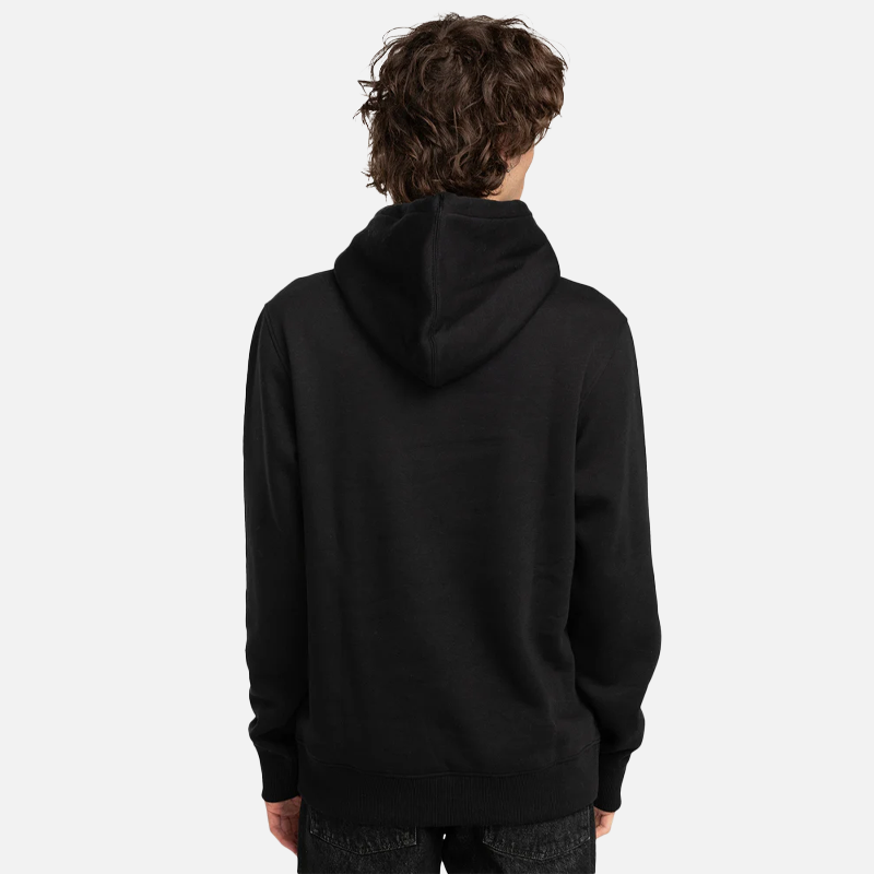 Person wearing a black hoodie from behind on a light gray background