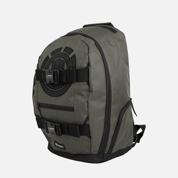 Gray backpack with black straps on a white background