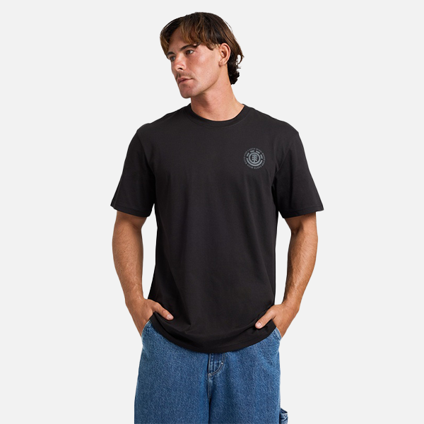 Man wearing a black t-shirt with a logo on a white background