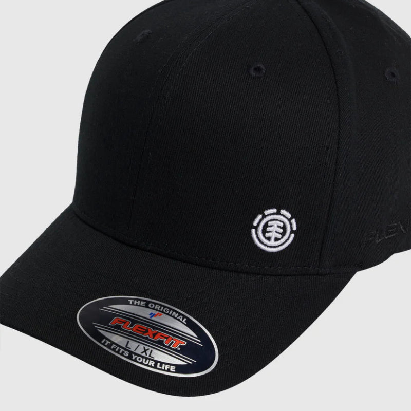 Black cap with a logo on a light gray background