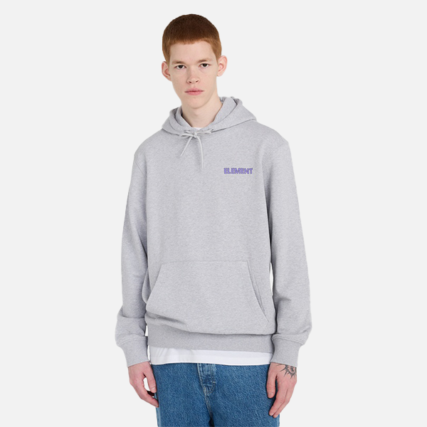 Person wearing a gray hoodie with a brand logo on a white background