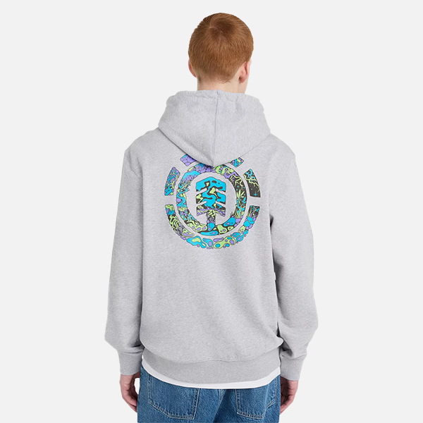 Person wearing a gray hoodie with a colorful logo on the back against a white background