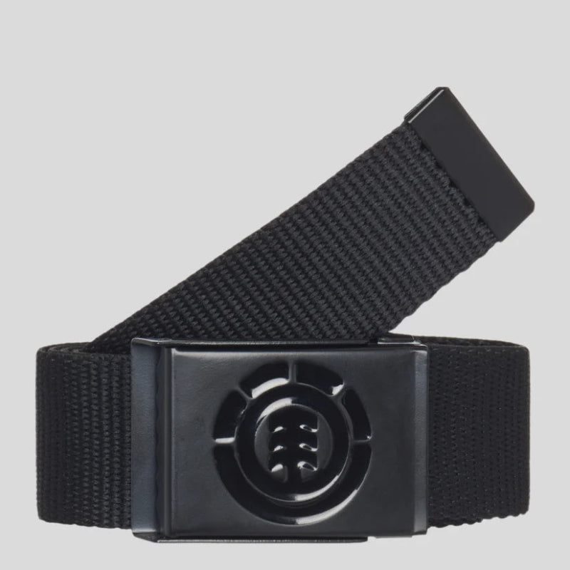 Black belt with a unique buckle design on a gray background