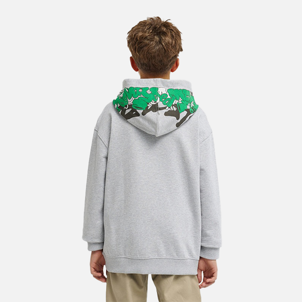 Person wearing a gray hoodie with a green and white pattern on the hood, standing against a white background.