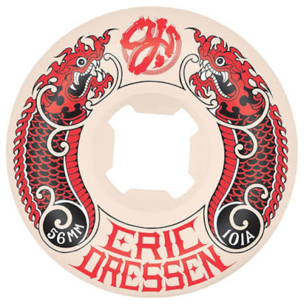 A circular skateboard wheel with a beige base, featuring a symmetrical red and black dragon design, a red stylized 'OJ' logo at the top, and 'ERIC DRESSEN' printed in red at the bottom.