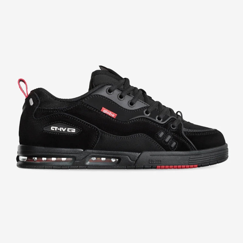 A single black leather lace-up skate shoe with a textured, embossed pattern, shown in a side profile on a solid white background.
