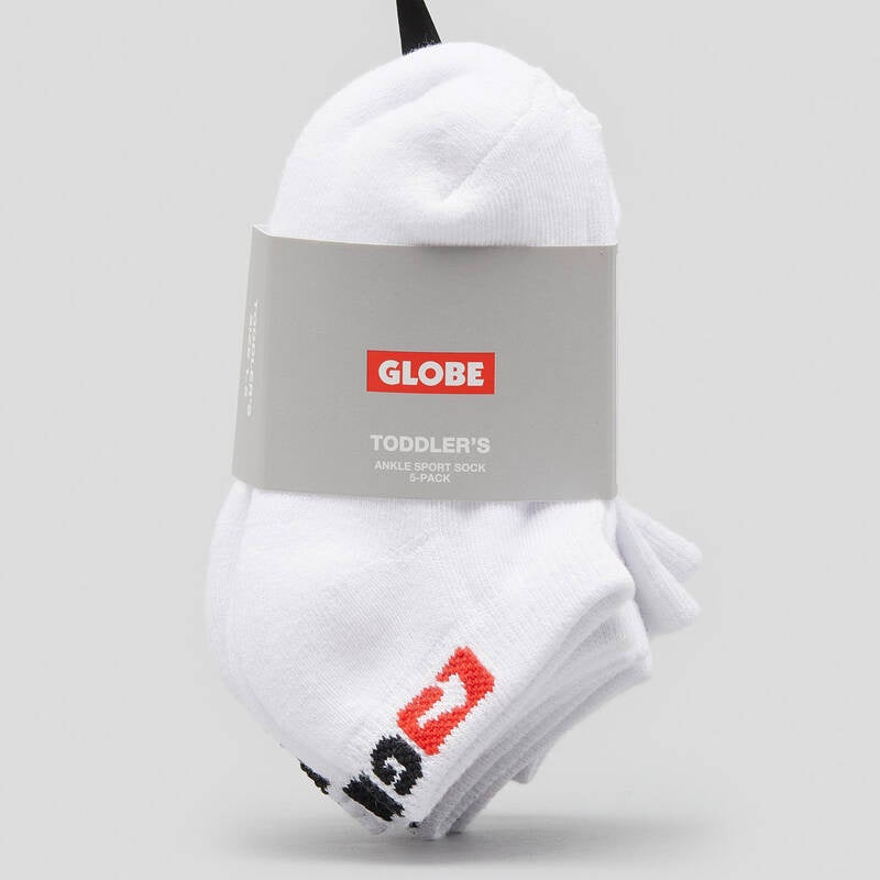 A pack of 5 white toddler's ankle socks with a gray paper band label. The brand 'GLOBE' is clearly visible in a red box on the label.