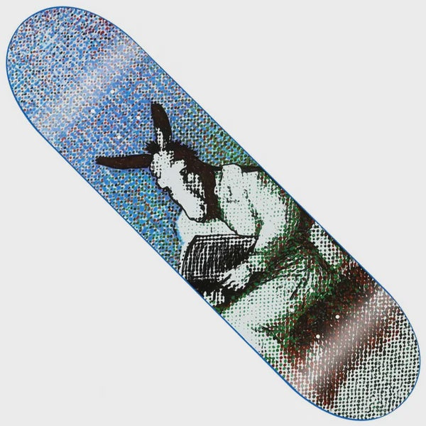 A skateboard deck featuring a stylized, pixelated graphic of a donkey on a blue and green iridescent textured background.