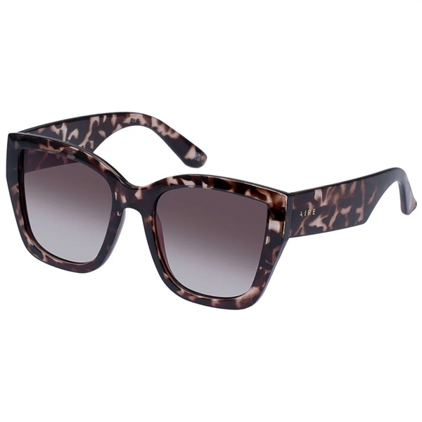 Oversized square sunglasses with a brown and black tortoiseshell patterned frame and gradient gray lenses, shown on a plain white background.