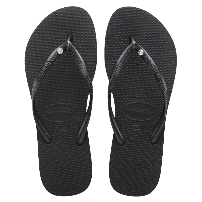 Pair of black flip-flops with a brand logo on a white background