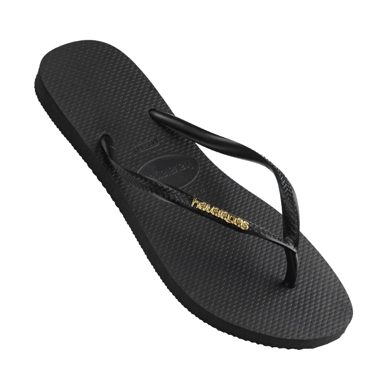 Black sandal with a brand logo on a white background