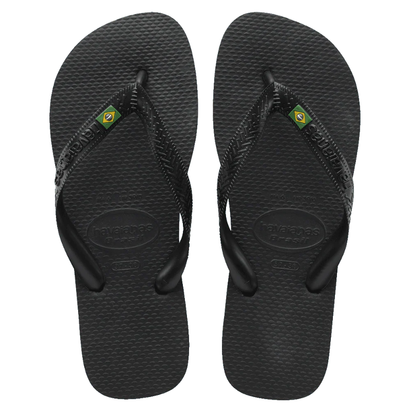 Black flip-flops with Brazilian flag design on a white background