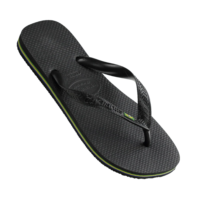 Black sandal with a brand logo on a white background