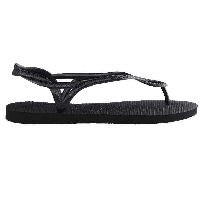 Black sandal with a brand logo on a white background
