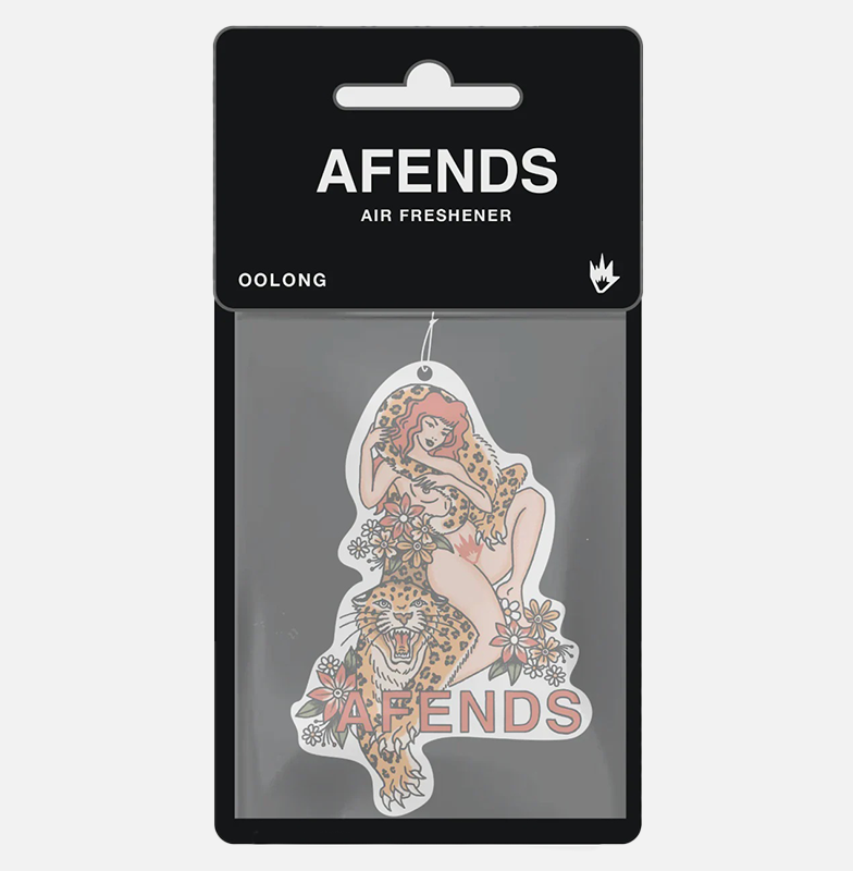 AFENDS air freshener packaging with a woman and tiger design on a gray background